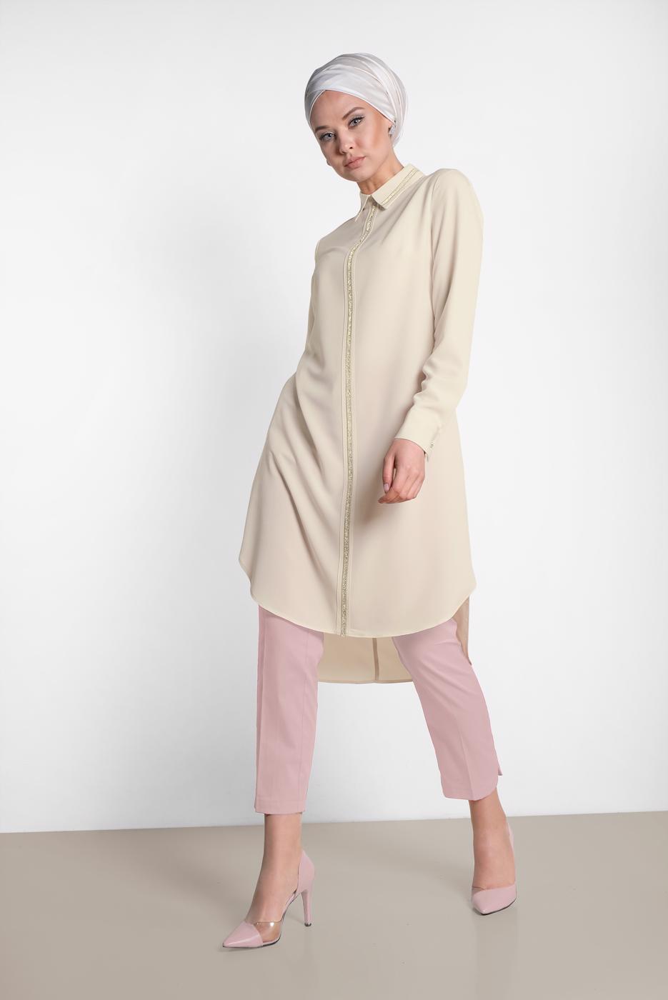 Tesettür giyim PUDRA ALVİNA BİLEK KISMI YIRTMAÇLI PANTOLON 7575
