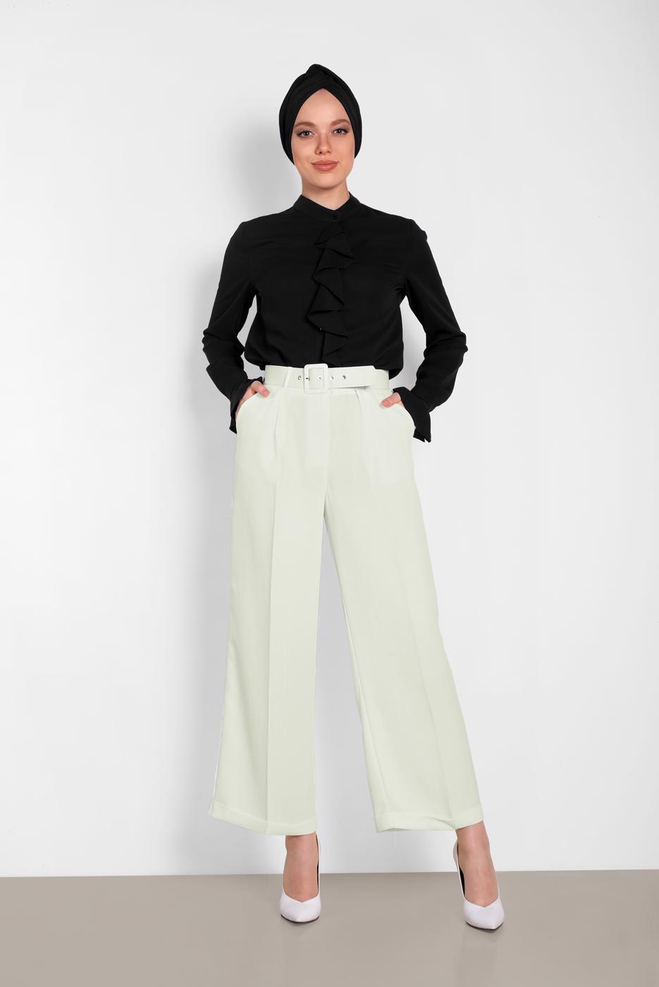 Tesettür giyim KREM ALVİNA ARA BEL BOL PAÇA PANTOLON 7581
