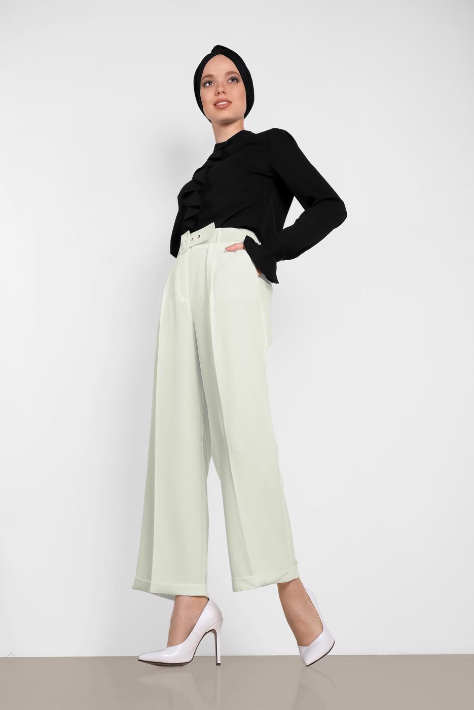 Tesettür giyim KREM ALVİNA ARA BEL BOL PAÇA PANTOLON 7581