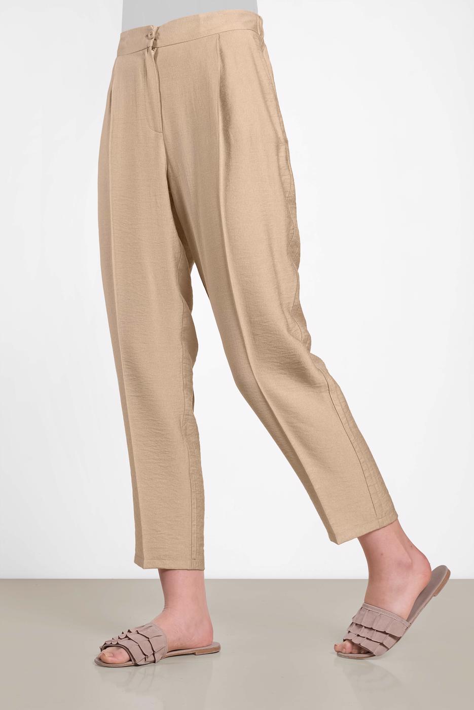 Tesettür giyim BEJ ALVİNA PİLELİ DÜĞMELİ PANTOLON 7586