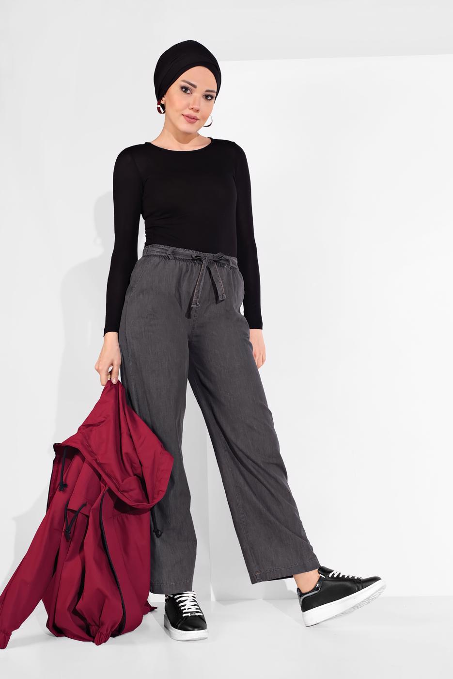 Tesettür giyim SİYAH BELİ LASTİKLİ CEPLİ DENİM PANTOLON 8101
