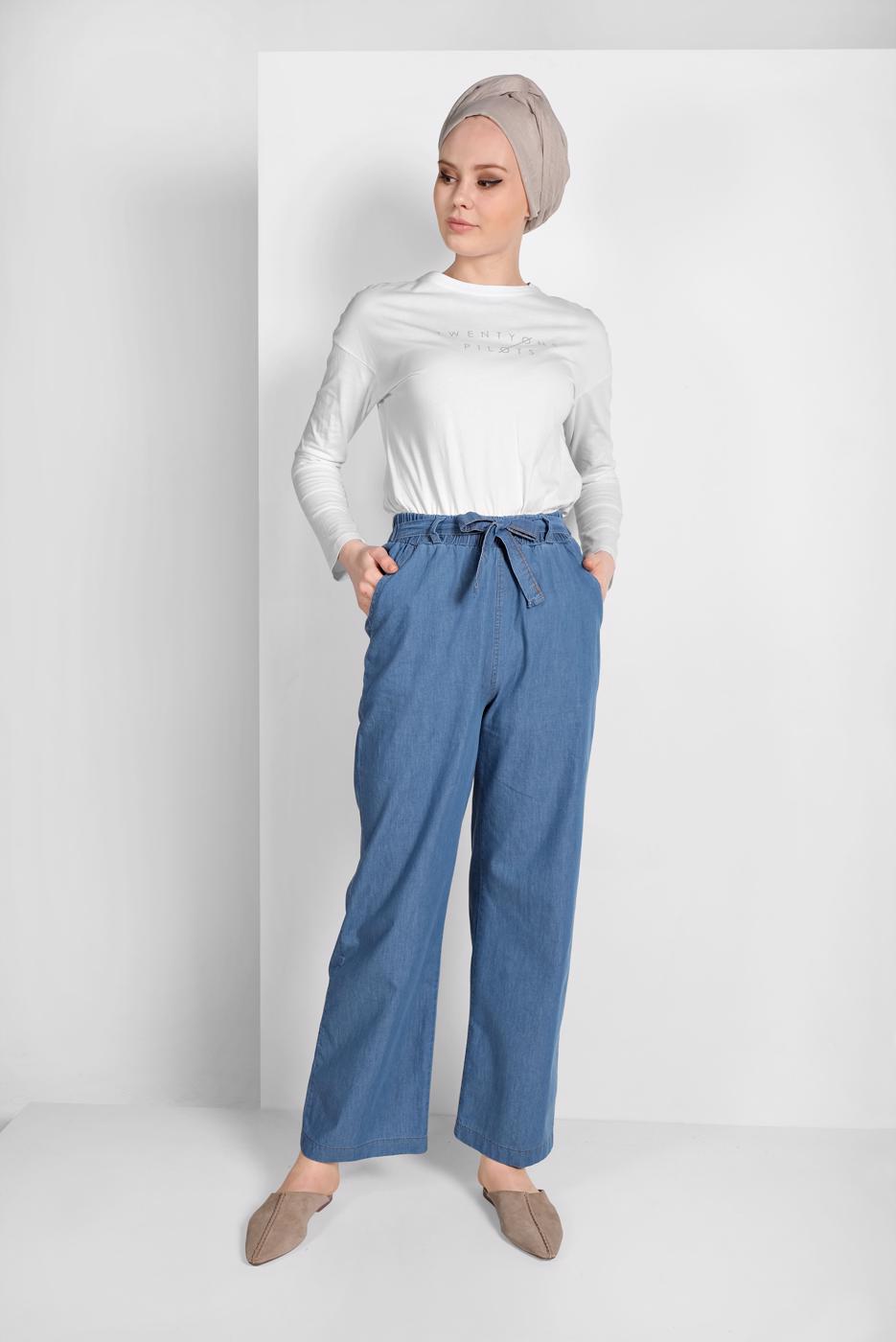 Vêtements hijab BLEU PANTALON EN JEAN TAILLE NOUÉE 8101 