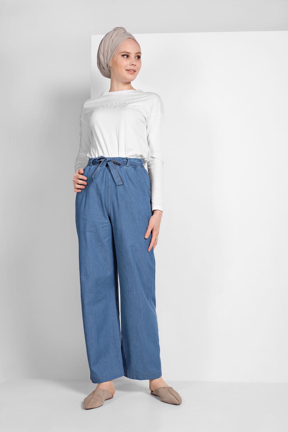 Vêtements hijab BLEU PANTALON EN JEAN TAILLE NOUÉE 8101 
