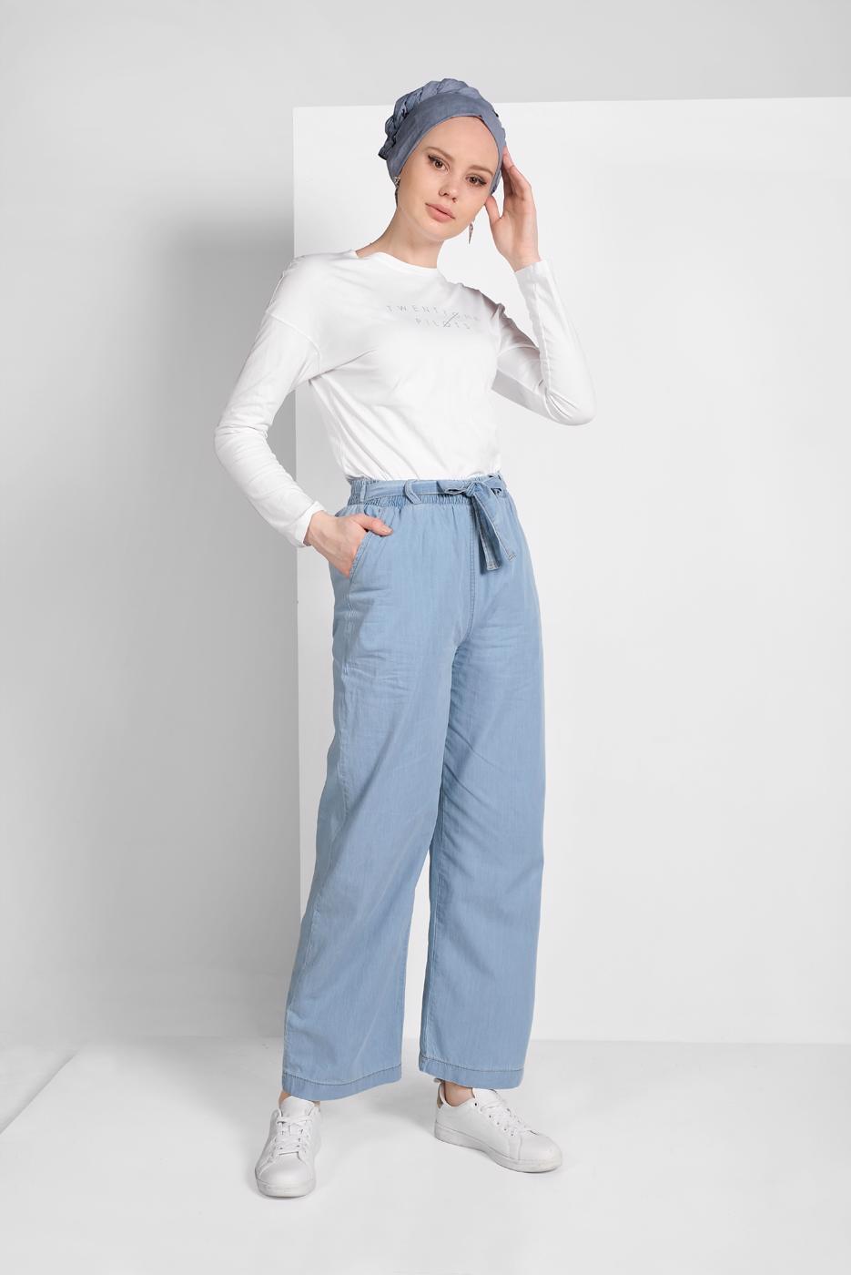 Tesettür giyim MAVİ BELİ LASTİKLİ CEPLİ DENİM PANTOLON 8101