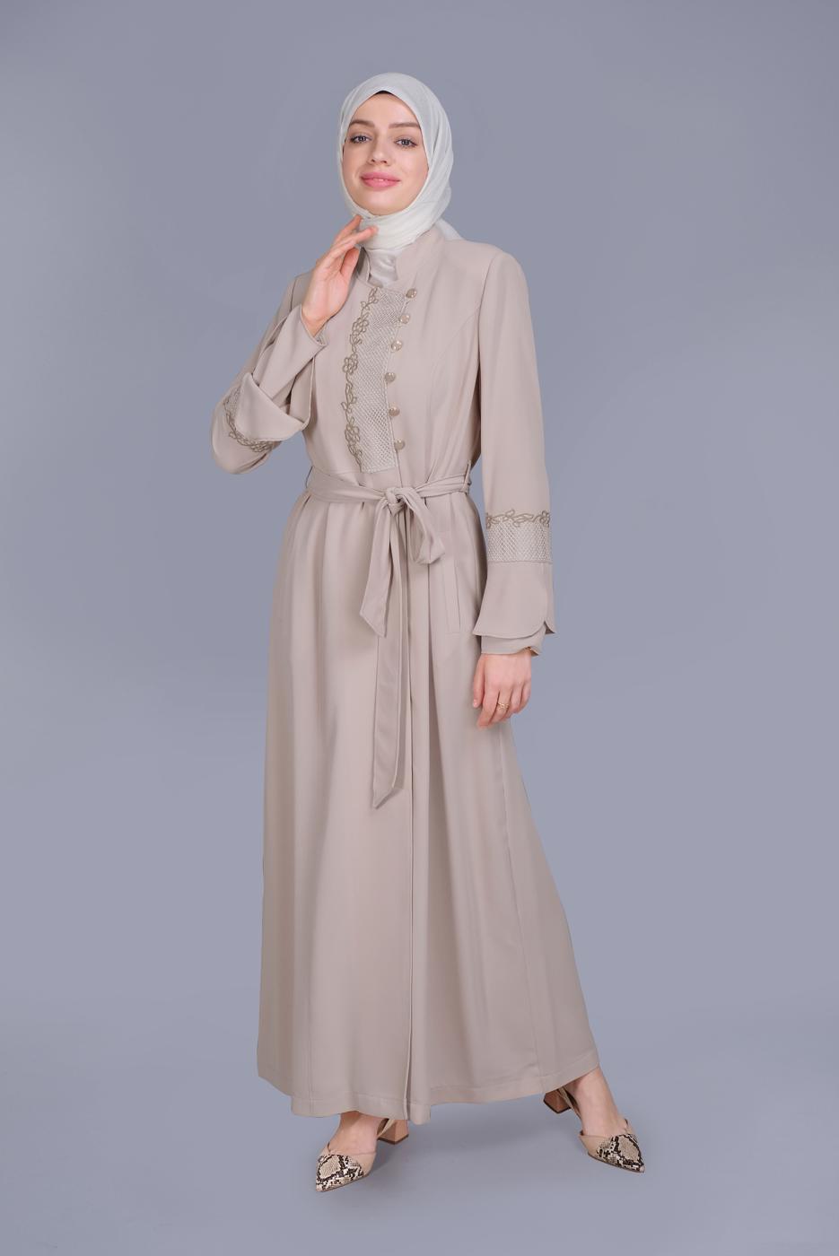 Vêtements hijab BEIGE ALVİNA BRODÉ CEINTURE PARDESSUS 10199
