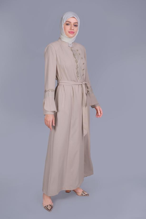 Hijab clothing BEIGE ALVİNA EMBROIDERED BELTED TOPCOAT 10199 - TRENDTESETTÜR