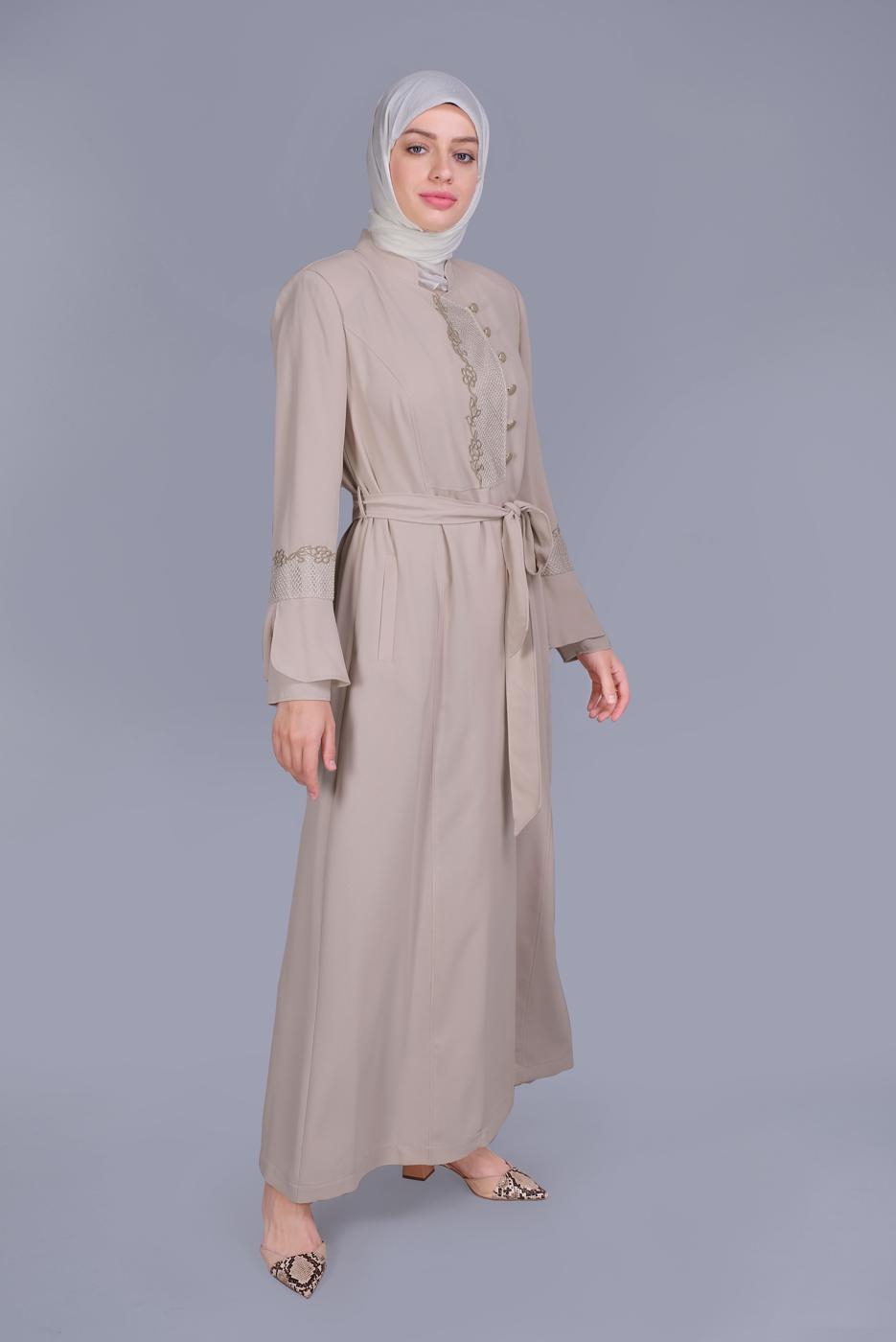 Vêtements hijab BEIGE ALVİNA BRODÉ CEINTURE PARDESSUS 10199