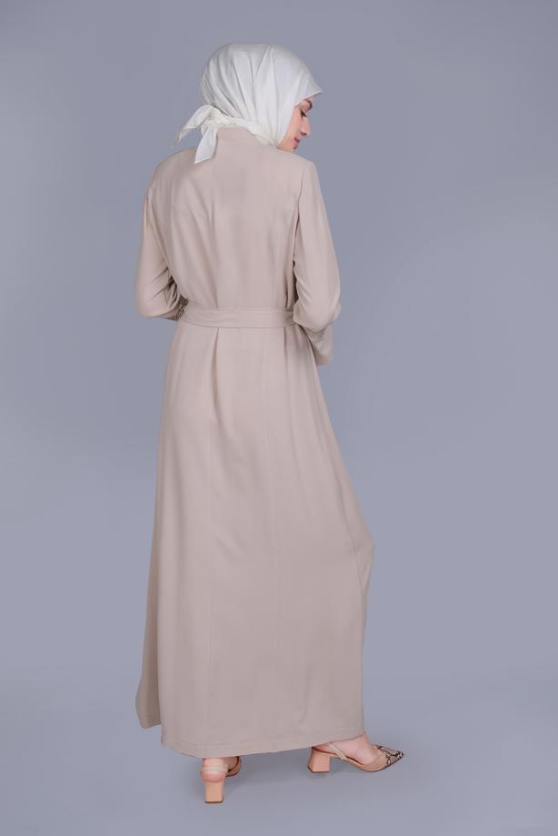 Hijab clothing BEIGE ALVİNA EMBROIDERED BELTED TOPCOAT 10199 - TRENDTESETTÜR