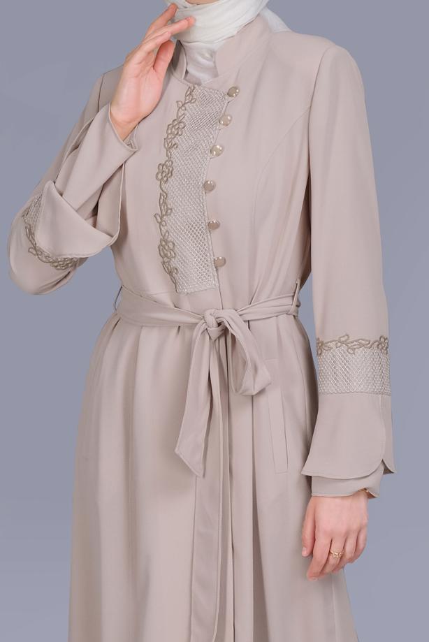 Hijab clothing BEIGE ALVİNA EMBROIDERED BELTED TOPCOAT 10199 - TRENDTESETTÜR