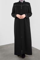 Hijab clothing BLACK ALVİNA EMBROIDERED ZIPPERED TOPCOAT 10221 
