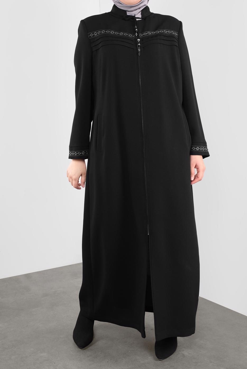 Hijab clothing BLACK ALVİNA EMBROIDERED ZIPPERED TOPCOAT 10221 