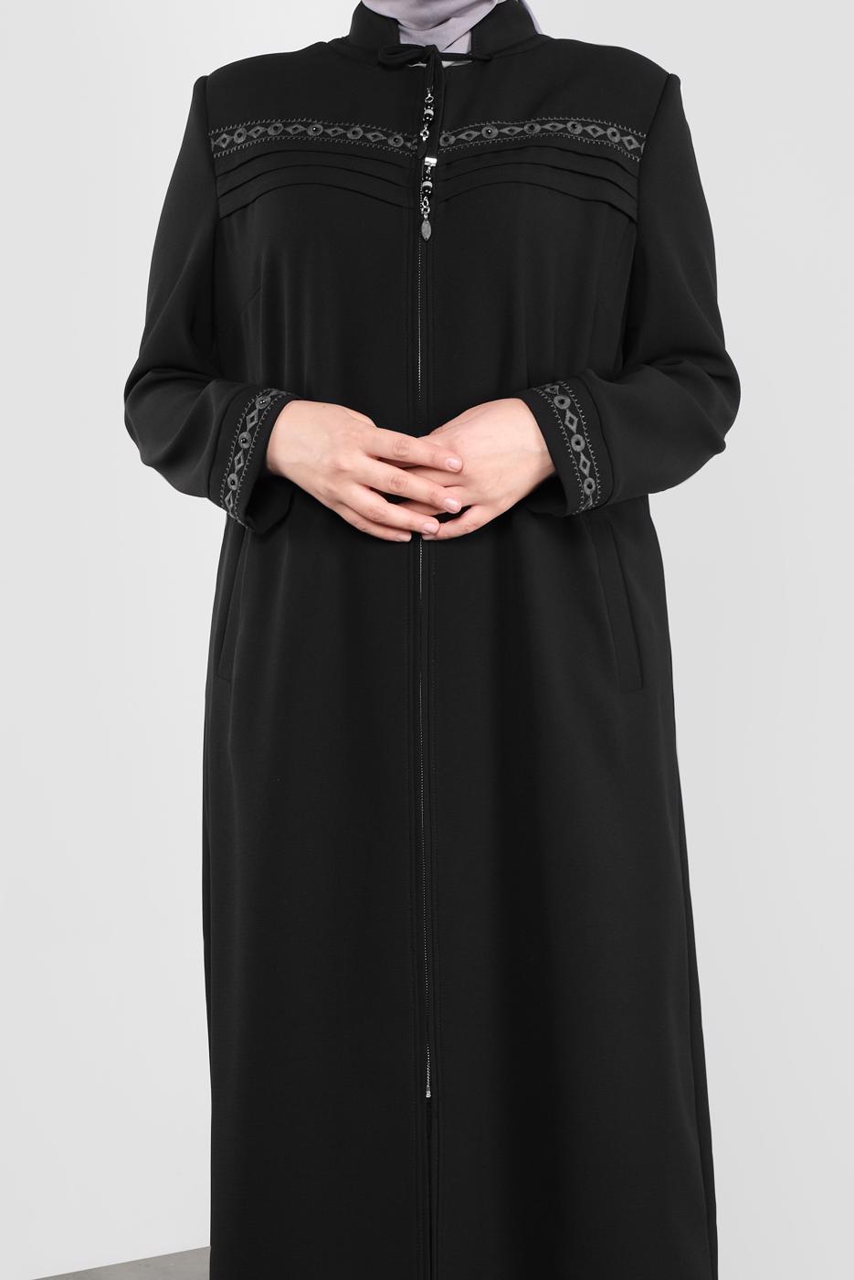 Hijab clothing BLACK ALVİNA EMBROIDERED ZIPPERED TOPCOAT 10221 