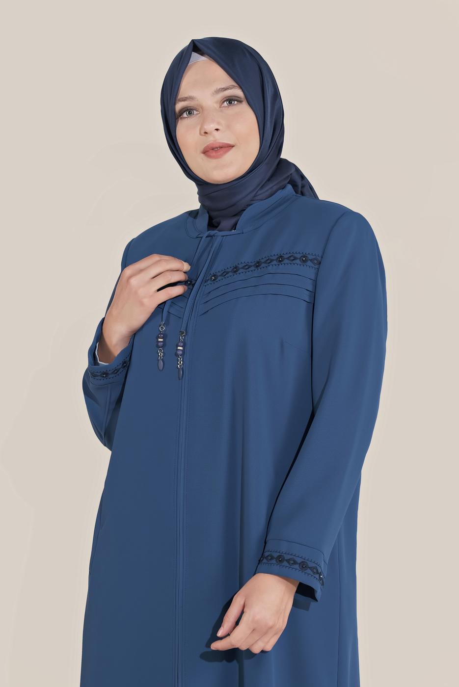 Hijab clothing NAVY BLUE ALVİNA EMBROIDERED ZIPPERED TOPCOAT 10221 