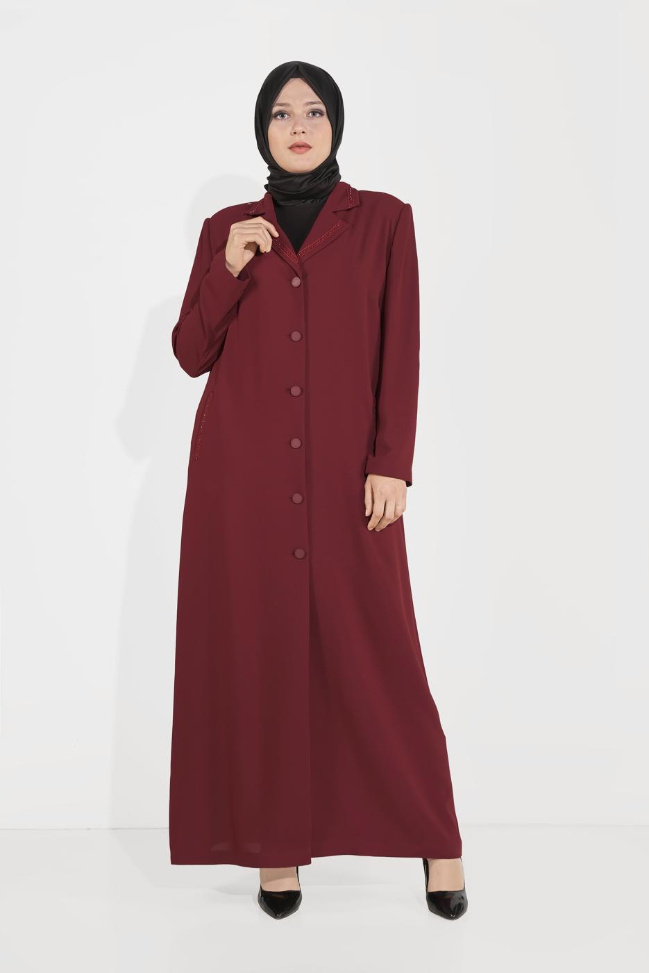 Hijab clothing CLARET RED ALVİNA EMBROIDERY DETAIL CLASSIC COLLAR TOPCOAT 10222