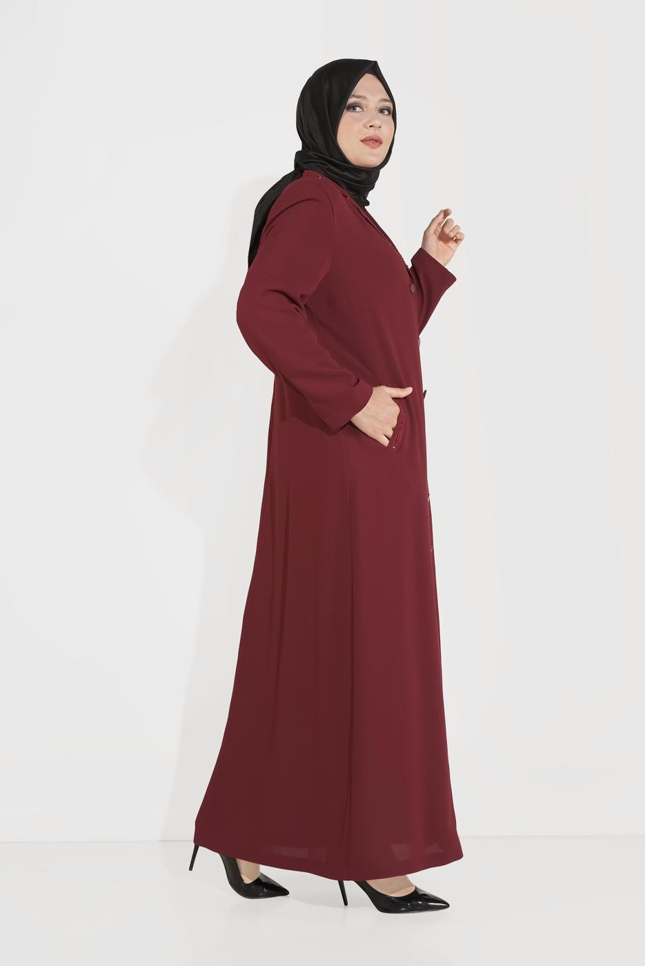 Hijab clothing CLARET RED ALVİNA EMBROIDERY DETAIL CLASSIC COLLAR TOPCOAT 10222