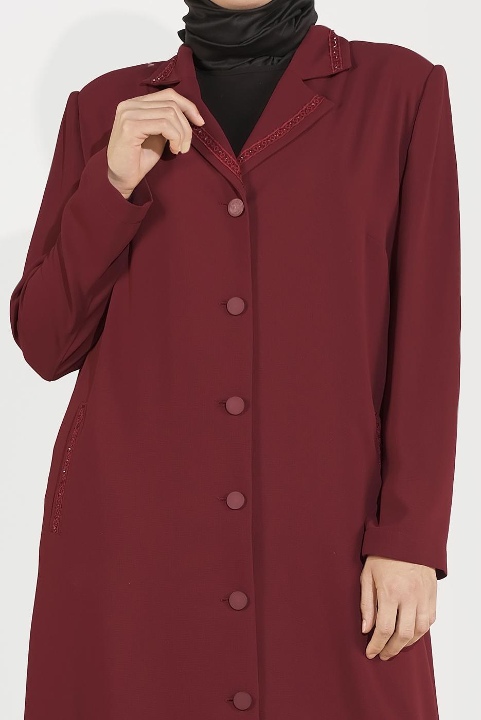 Hijab clothing CLARET RED ALVİNA EMBROIDERY DETAIL CLASSIC COLLAR TOPCOAT 10222