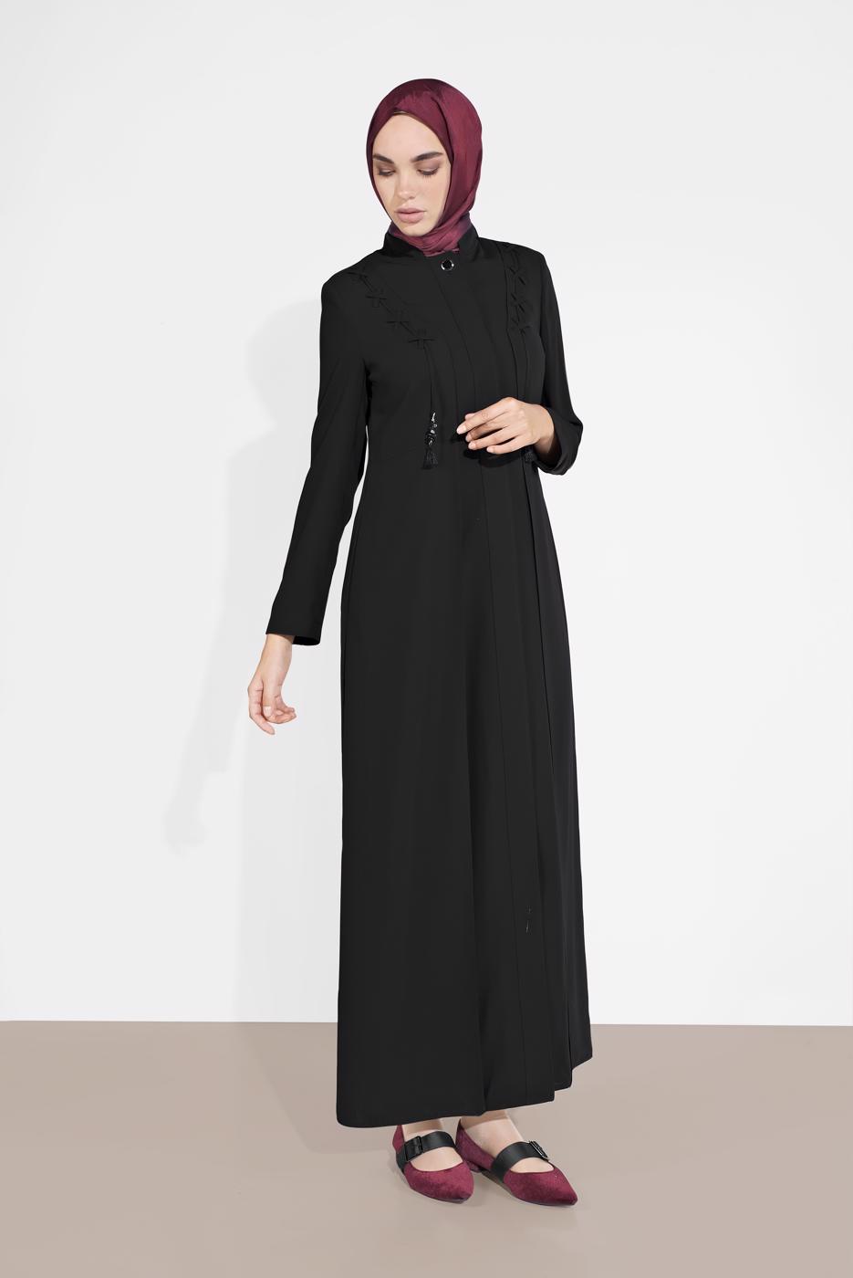 Tesettür giyim SİYAH ALVİNA BAĞCIKLI DÜĞMELİ PARDESÜ 1461  