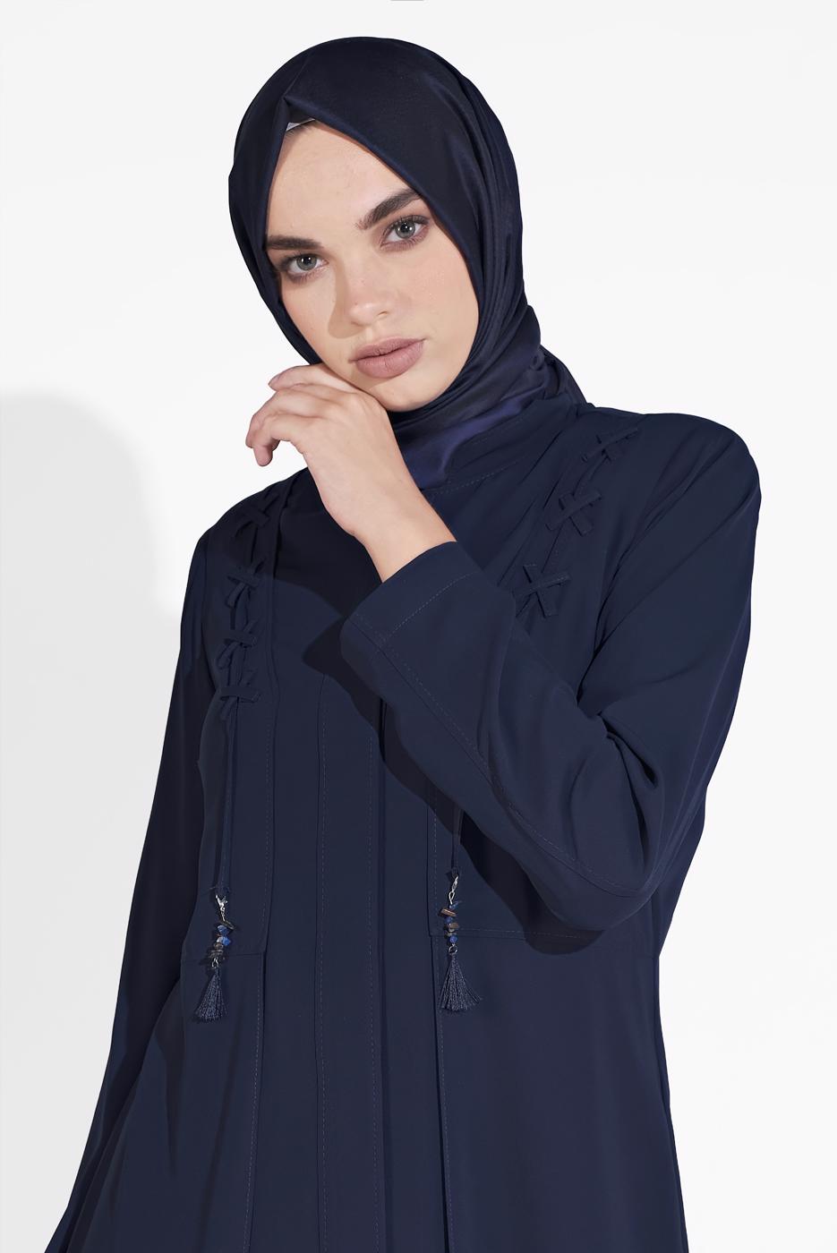 Tesettür giyim LACİVERT ALVİNA BAĞCIKLI DÜĞMELİ PARDESÜ 1461  