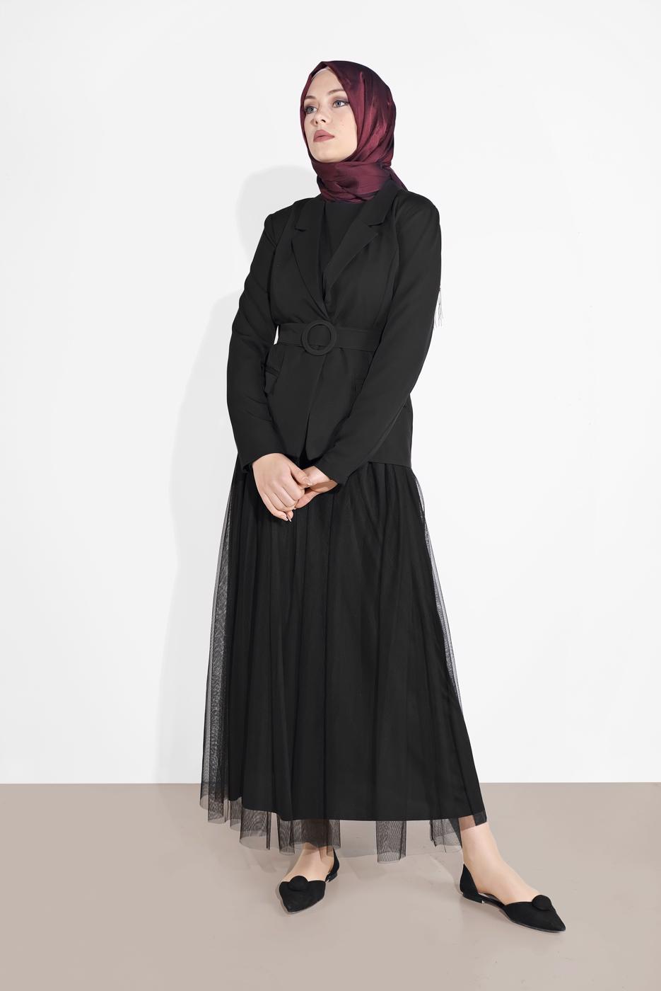 Tesettür giyim SİYAH KRUVAZE  CEKETLİ TÜTÜ ETEKLİ TAKIM 1455 