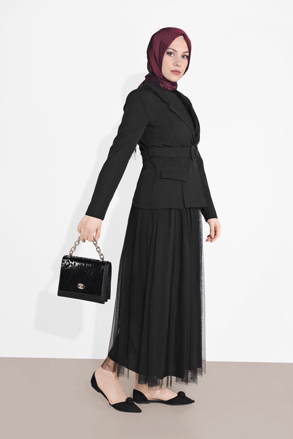 Tesettür giyim SİYAH KRUVAZE  CEKETLİ TÜTÜ ETEKLİ TAKIM 1455 