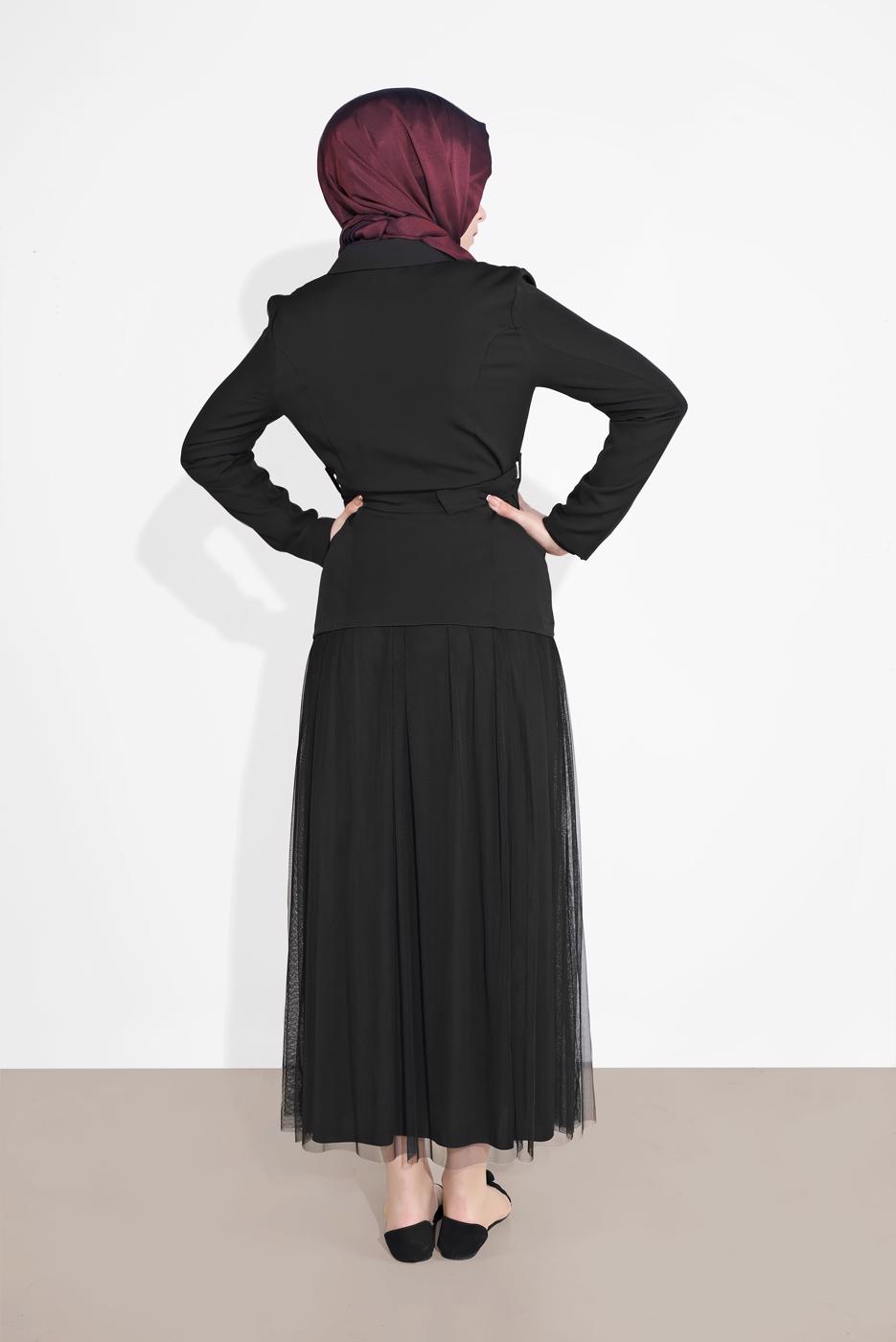 Tesettür giyim SİYAH KRUVAZE  CEKETLİ TÜTÜ ETEKLİ TAKIM 1455 