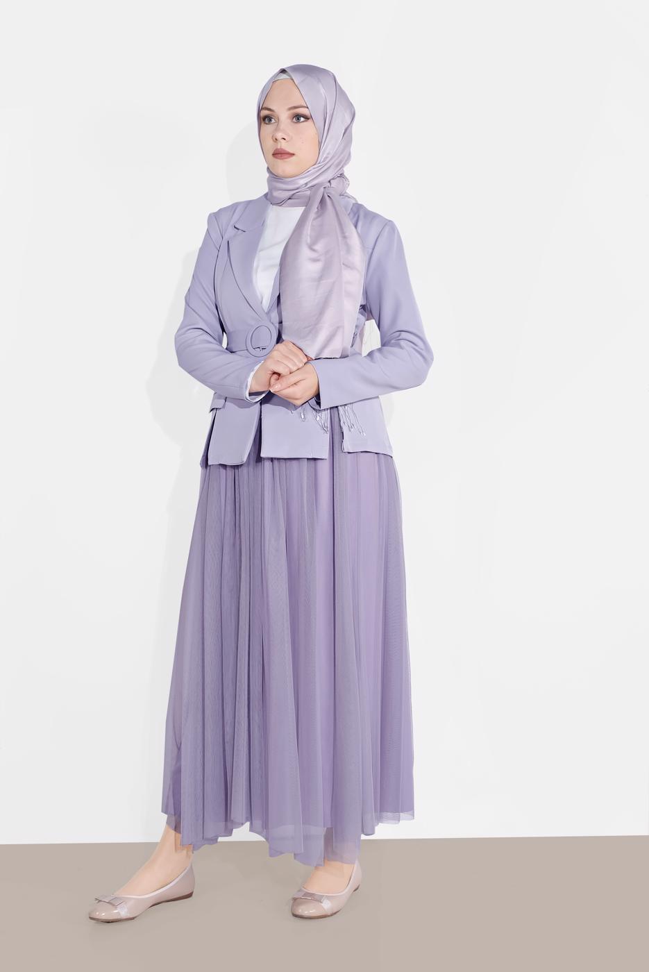 Tesettür giyim MOR KRUVAZE  CEKETLİ TÜTÜ ETEKLİ TAKIM 1455 