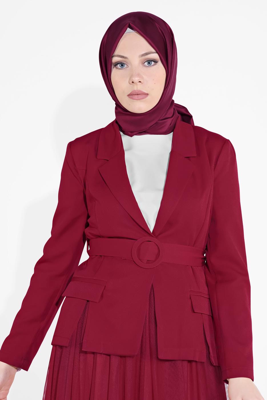 Tesettür giyim BORDO KRUVAZE  CEKETLİ TÜTÜ ETEKLİ TAKIM 1455 