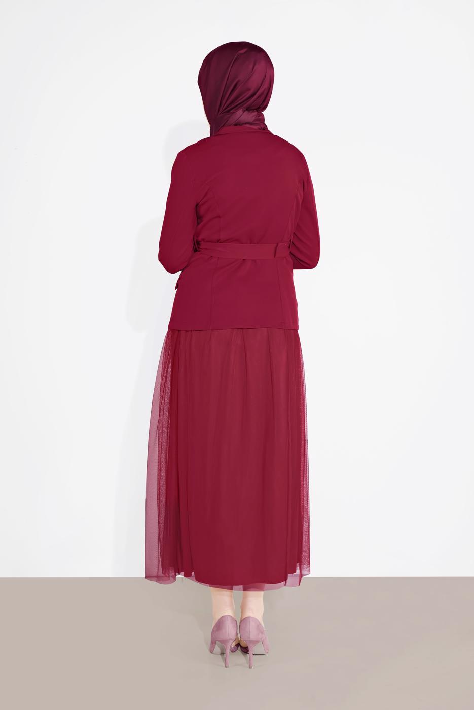 Tesettür giyim BORDO KRUVAZE  CEKETLİ TÜTÜ ETEKLİ TAKIM 1455 