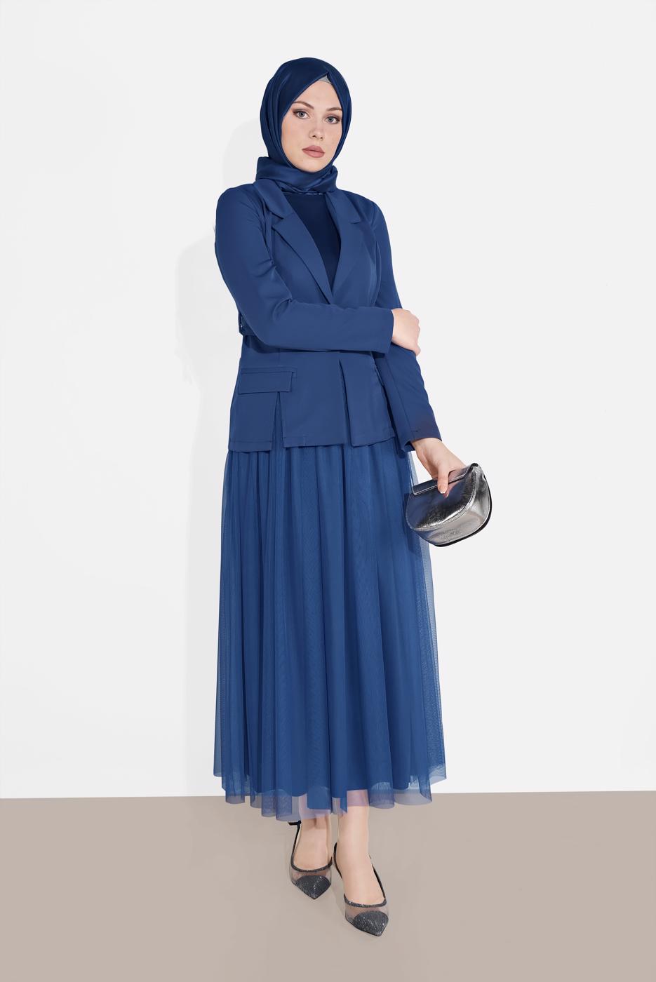 Tesettür giyim LACİVERT KRUVAZE  CEKETLİ TÜTÜ ETEKLİ TAKIM 1455 
