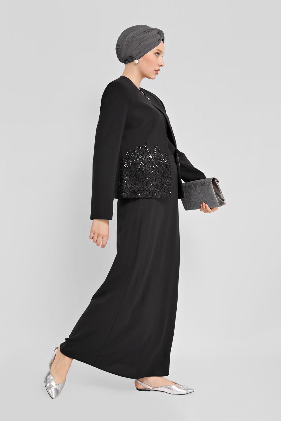 Tesettür giyim SİYAH ALVİNA PULLU NAKIŞLI ÜÇLÜ ETEKLİ TAKIM 30029 