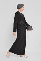 Tesettür giyim SİYAH ALVİNA PULLU NAKIŞLI ÜÇLÜ ETEKLİ TAKIM 30029 