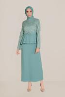 Vêtements hijab BLEU ALVİNA CEINTURE GUIPURE ET VOLANT DÉTAIL COL MANDARINE COSTUME 30040