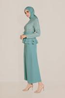 Vêtements hijab BLEU ALVİNA CEINTURE GUIPURE ET VOLANT DÉTAIL COL MANDARINE COSTUME 30040