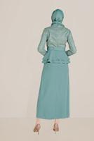 Vêtements hijab BLEU ALVİNA CEINTURE GUIPURE ET VOLANT DÉTAIL COL MANDARINE COSTUME 30040