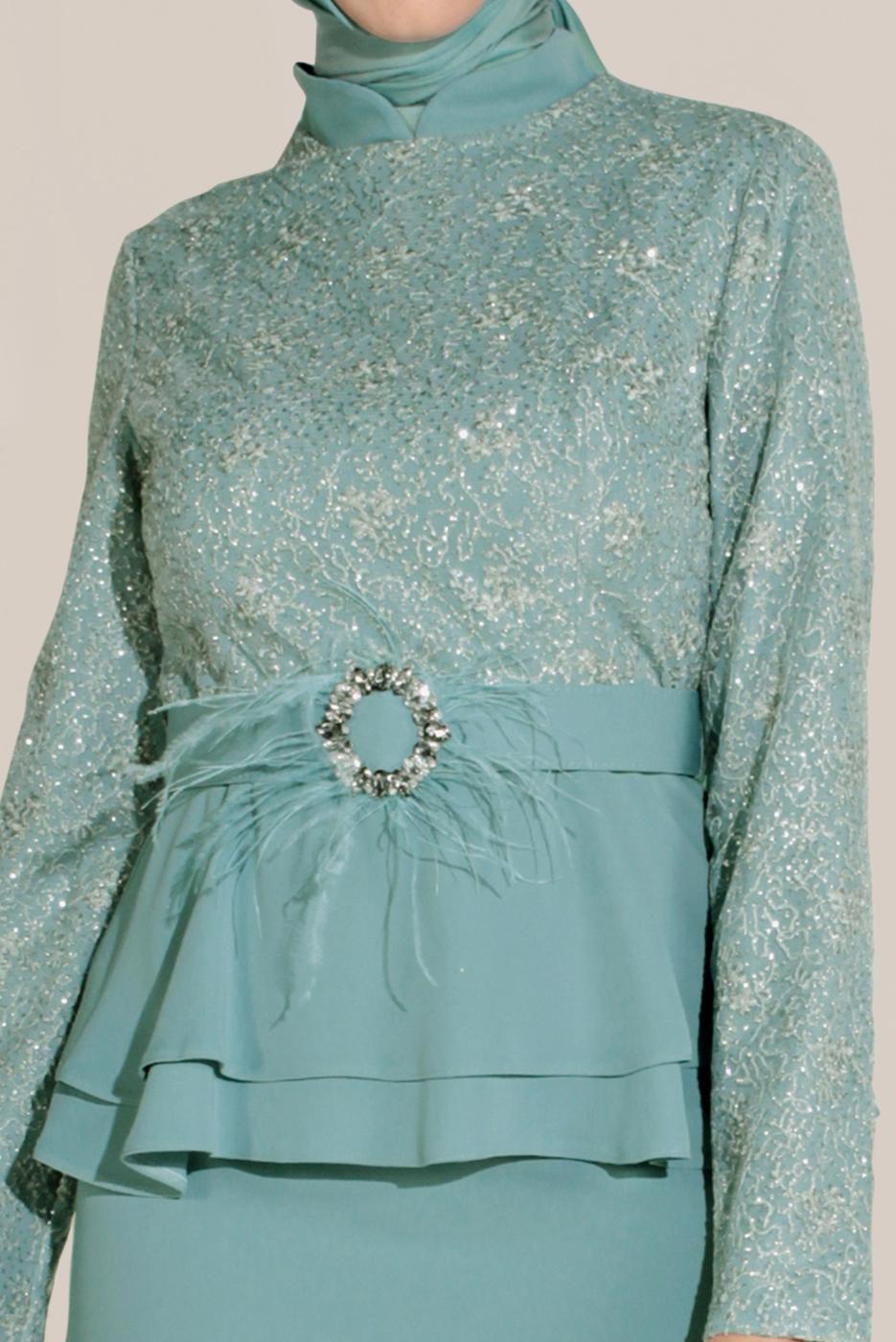 Vêtements hijab BLEU ALVİNA CEINTURE GUIPURE ET VOLANT DÉTAIL COL MANDARINE COSTUME 30040