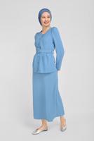 Tesettür giyim MAVİ ALVİNA BOYDAN DÜĞMELİ İKİLİ ETEKLİ TAKIM 40793 
