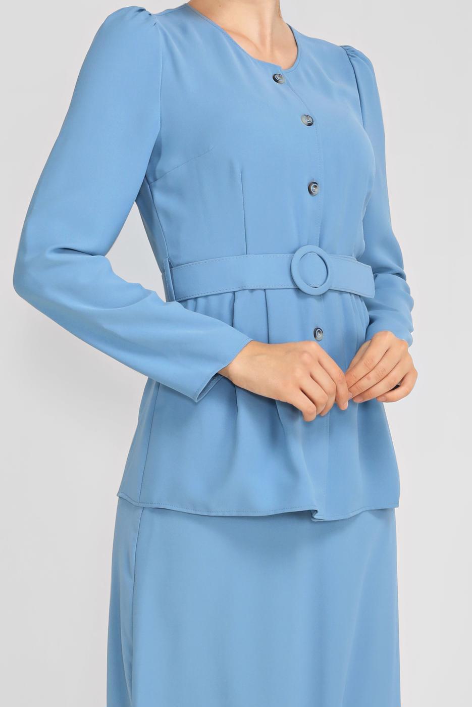 Tesettür giyim MAVİ ALVİNA BOYDAN DÜĞMELİ İKİLİ ETEKLİ TAKIM 40793 