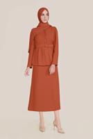 Tesettür giyim KAHVE ALVİNA BOYDAN DÜĞMELİ İKİLİ ETEKLİ TAKIM 40793 