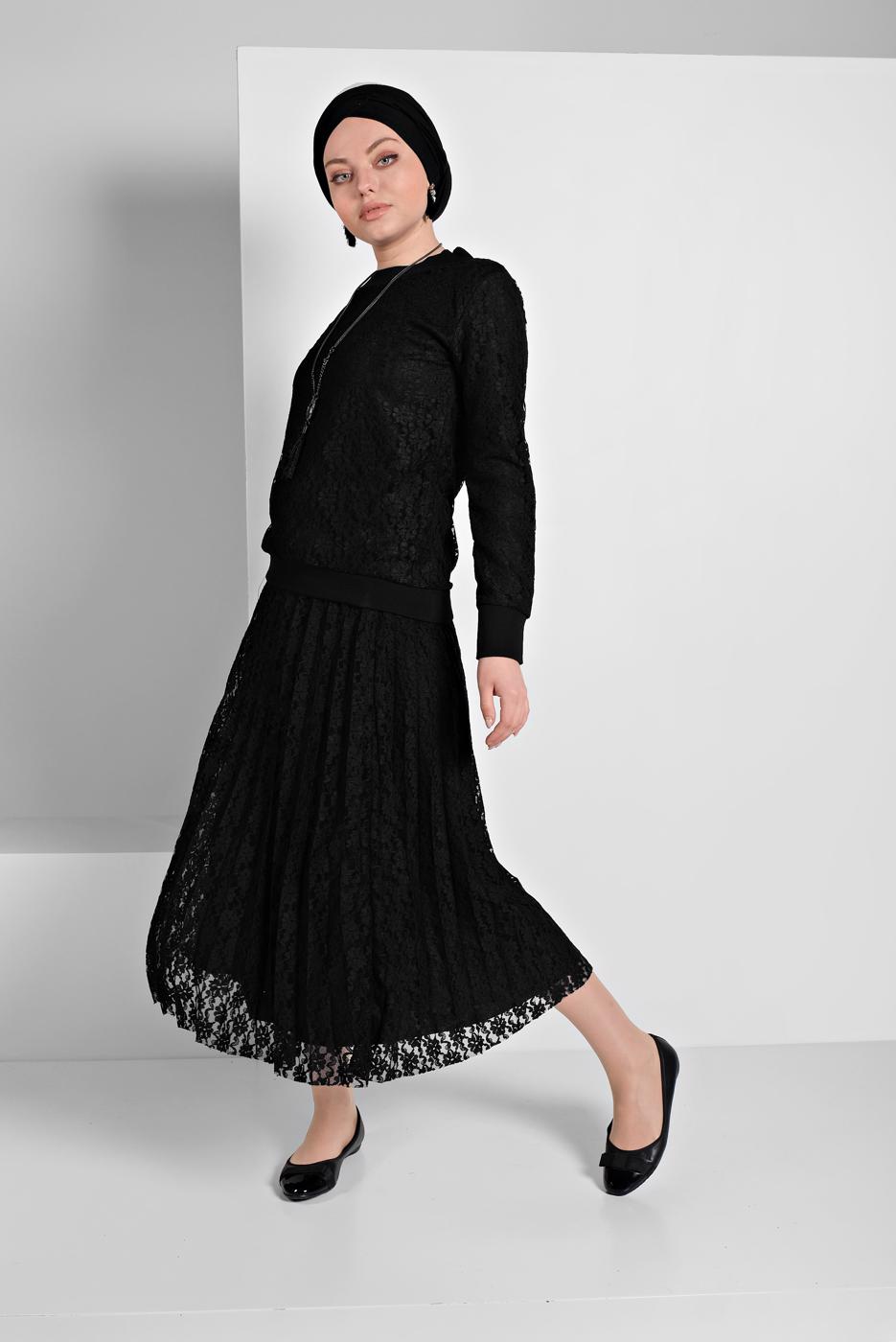 Vêtements hijab NOIR TAILLEUR EN DENTELLE À PLISSÉE 6001 