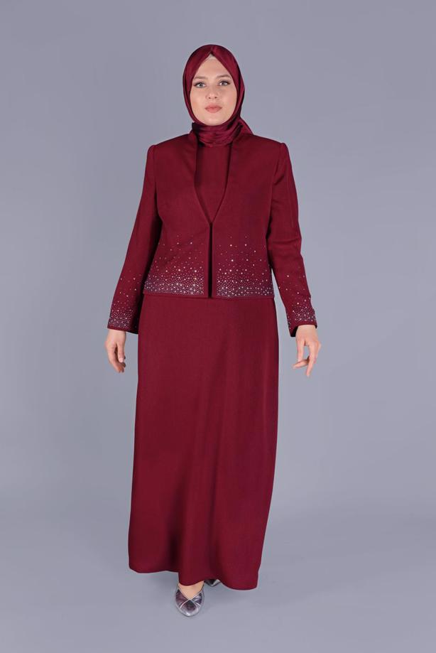 Vêtements hijab ROUGE BORDEAUX ALVİNA GEM DETAIL COSTUME 2 PIÈCES 30049 - TRENDTESETTÜR