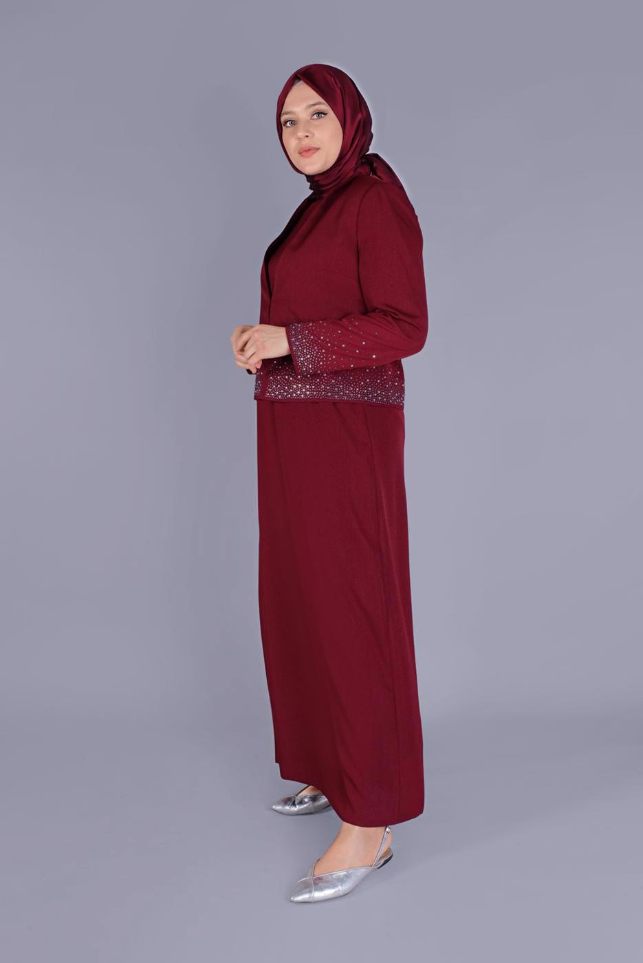Vêtements hijab ROUGE BORDEAUX ALVİNA GEM DETAIL COSTUME 2 PIÈCES 30049