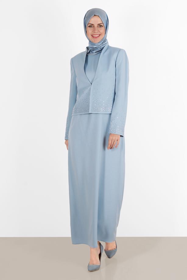Vêtements hijab BLEU ALVİNA GEM DETAIL COSTUME 2 PIÈCES 30049 - TRENDTESETTÜR