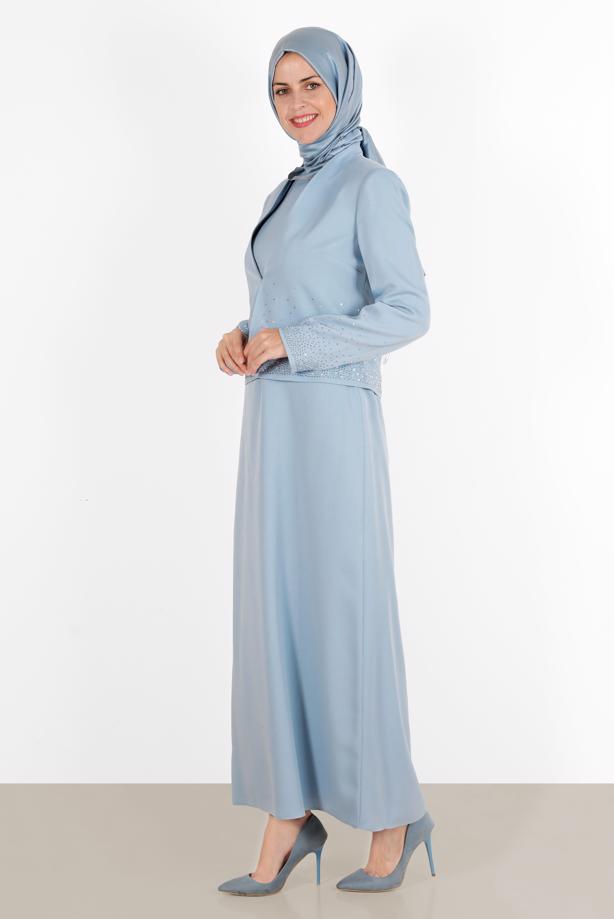 Vêtements hijab BLEU ALVİNA GEM DETAIL COSTUME 2 PIÈCES 30049 - TRENDTESETTÜR