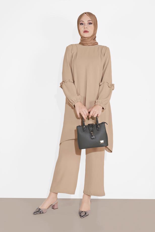 Hijab-Kleidung  MANŞETLERİ LASTİKLİ BELİ KUŞAKLI PANTOLONLU TAKIM 1161-1  - TRENDTESETTÜR