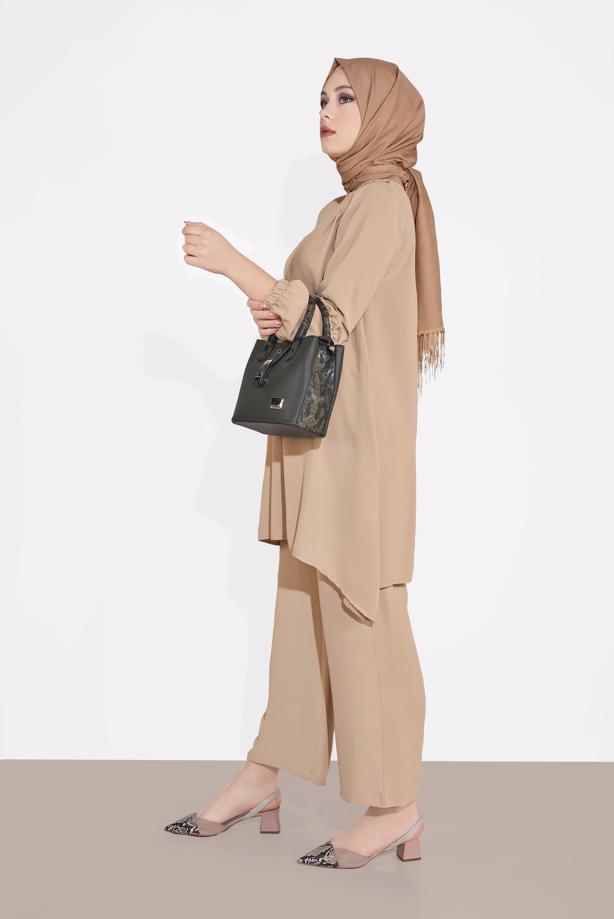 Hijab-Kleidung  MANŞETLERİ LASTİKLİ BELİ KUŞAKLI PANTOLONLU TAKIM 1161-1  - TRENDTESETTÜR