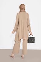 Tesettür giyim BEJ MANŞETLERİ LASTİKLİ BELİ KUŞAKLI PANTOLONLU TAKIM 1161-1 