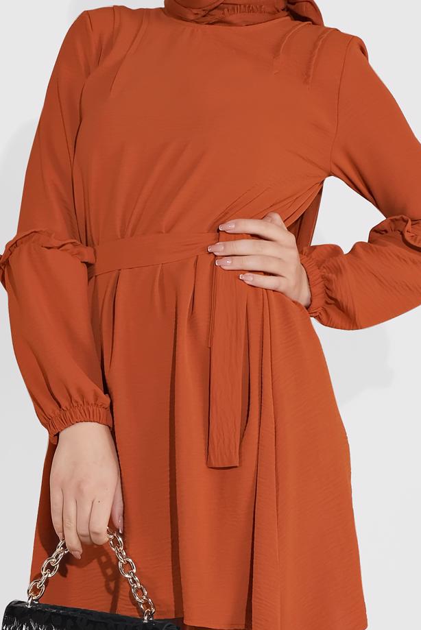 Tesettür giyim  MANŞETLERİ LASTİKLİ BELİ KUŞAKLI PANTOLONLU TAKIM 1161-1  - TRENDTESETTÜR