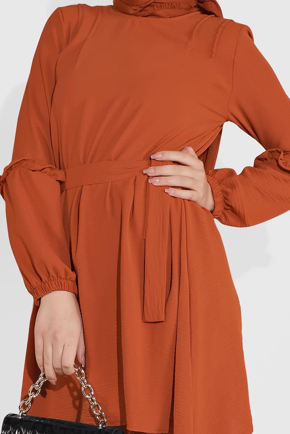 Tesettür giyim KAHVE MANŞETLERİ LASTİKLİ BELİ KUŞAKLI PANTOLONLU TAKIM 1161-1 