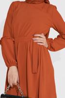 Tesettür giyim KAHVE MANŞETLERİ LASTİKLİ BELİ KUŞAKLI PANTOLONLU TAKIM 1161-1 