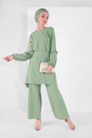 Tesettür giyim YEŞİL MANŞETLERİ LASTİKLİ BELİ KUŞAKLI PANTOLONLU TAKIM 1161-1 